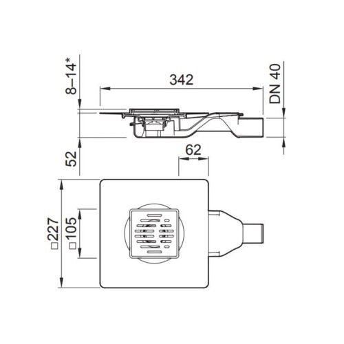 ACO MG trapas su horizontaliu DN40 išvadu, 150 x 150 mm