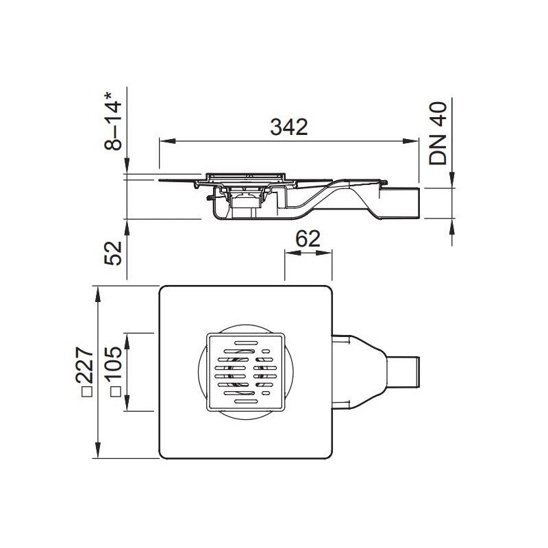 ACO MG trapas su horizontaliu DN40 išvadu, 150 x 150 mm
