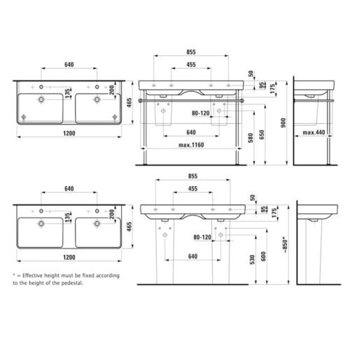 LAUFEN PRO S dvigubas praustuvas, 1200–1300 mm