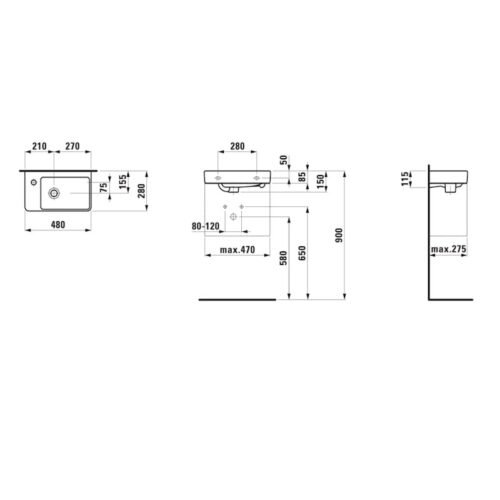 LAUFEN PRO S žemo profilio praustuvas su maišytuvo aikštele kairėje, 480 x 280 mm
