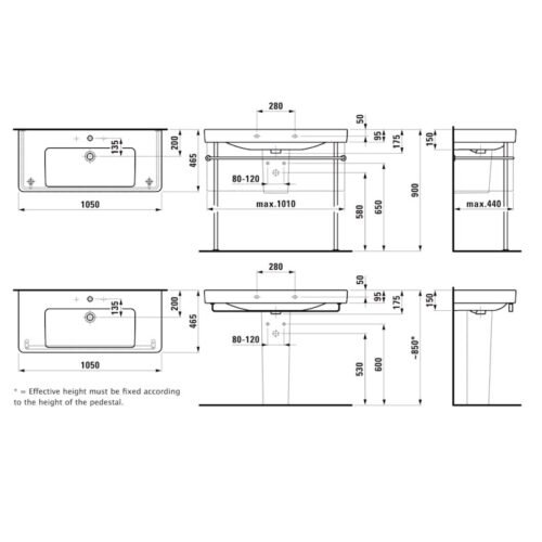 LAUFEN PRO S praustuvas su viena anga maišytuvui, 1050 mm